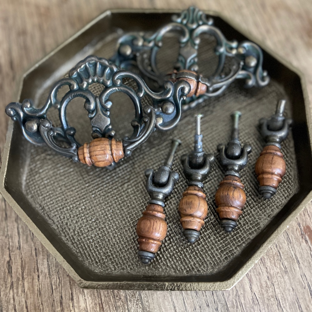 Vintage antique bronze drawl knobs and pulls with wood accent